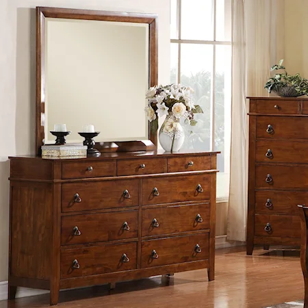Transitional Nine Drawer Dresser and Mirror Set